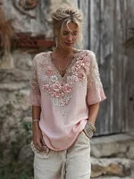 Vintage Boho Pink Roses Embroidered V Neck Linen Shirt