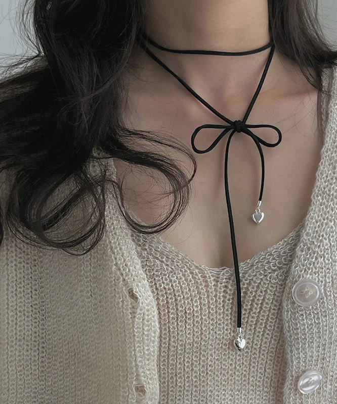 Novelty Black Sterling Silver Faux Suede Bow Lariat Necklace