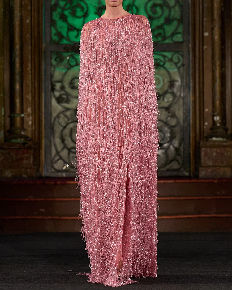 Women's Round Neck Sequined Tassel Dress