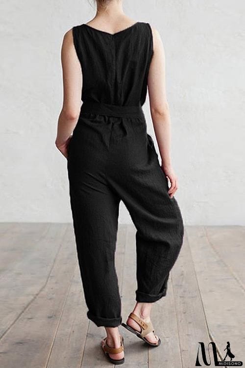 MidiSono - U Neck Sleeveless Belted Jumpsuit