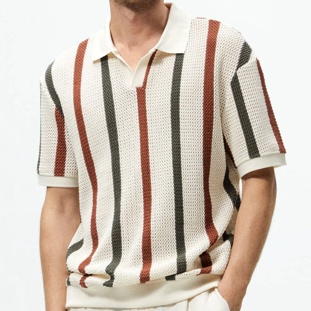 Men's Vintage Casual Thick Needle Hollow Knit Striped Contrast Wool Polo Shirt