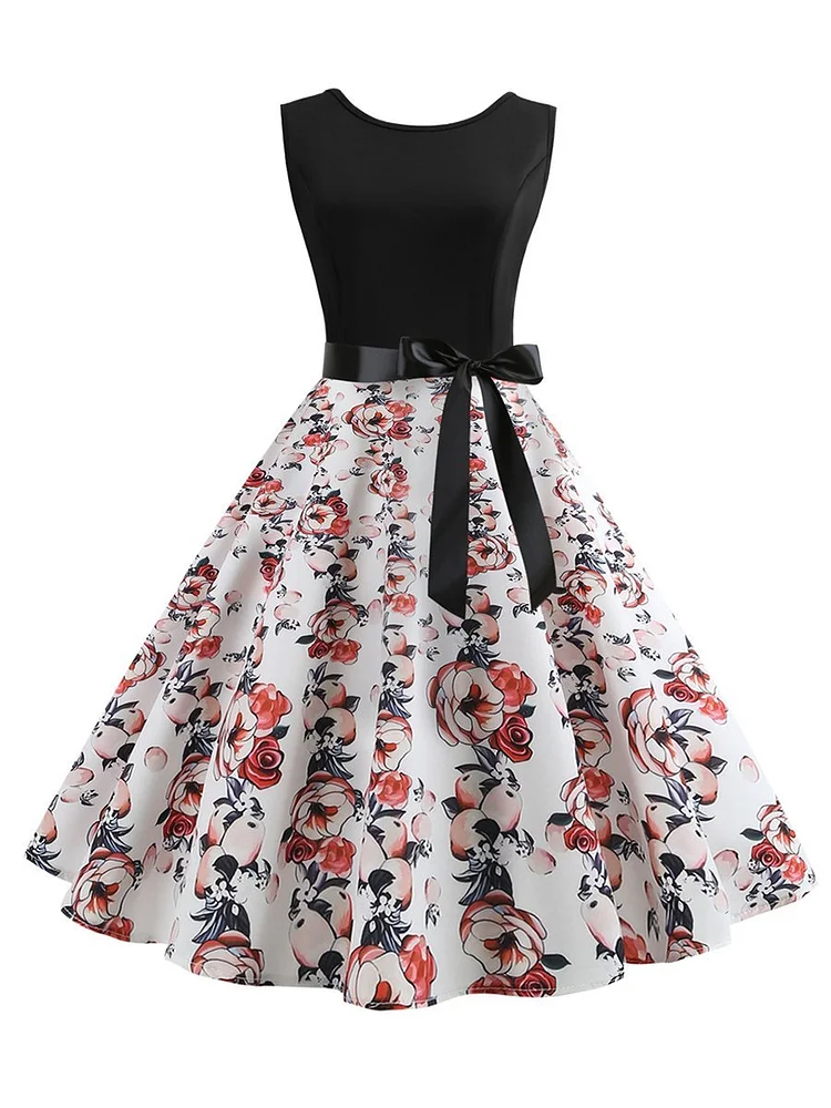 Mayoulove 1950s Dress Sleeveless Black Upper Body Stitching Print Hem Black Ribbon Dress-Mayoulove