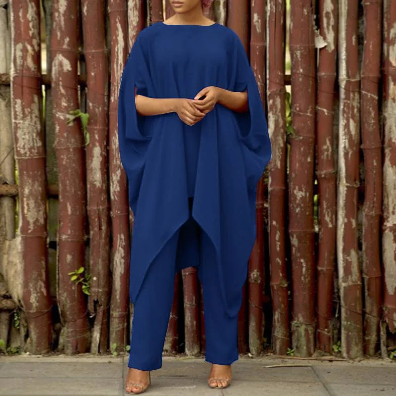 Oversize Solid Matching Sets Women Casual Batwing-Sleeve Irregular Top Elastic Waist Pant Work OL Pant Sets ZANZEA Retro Suits