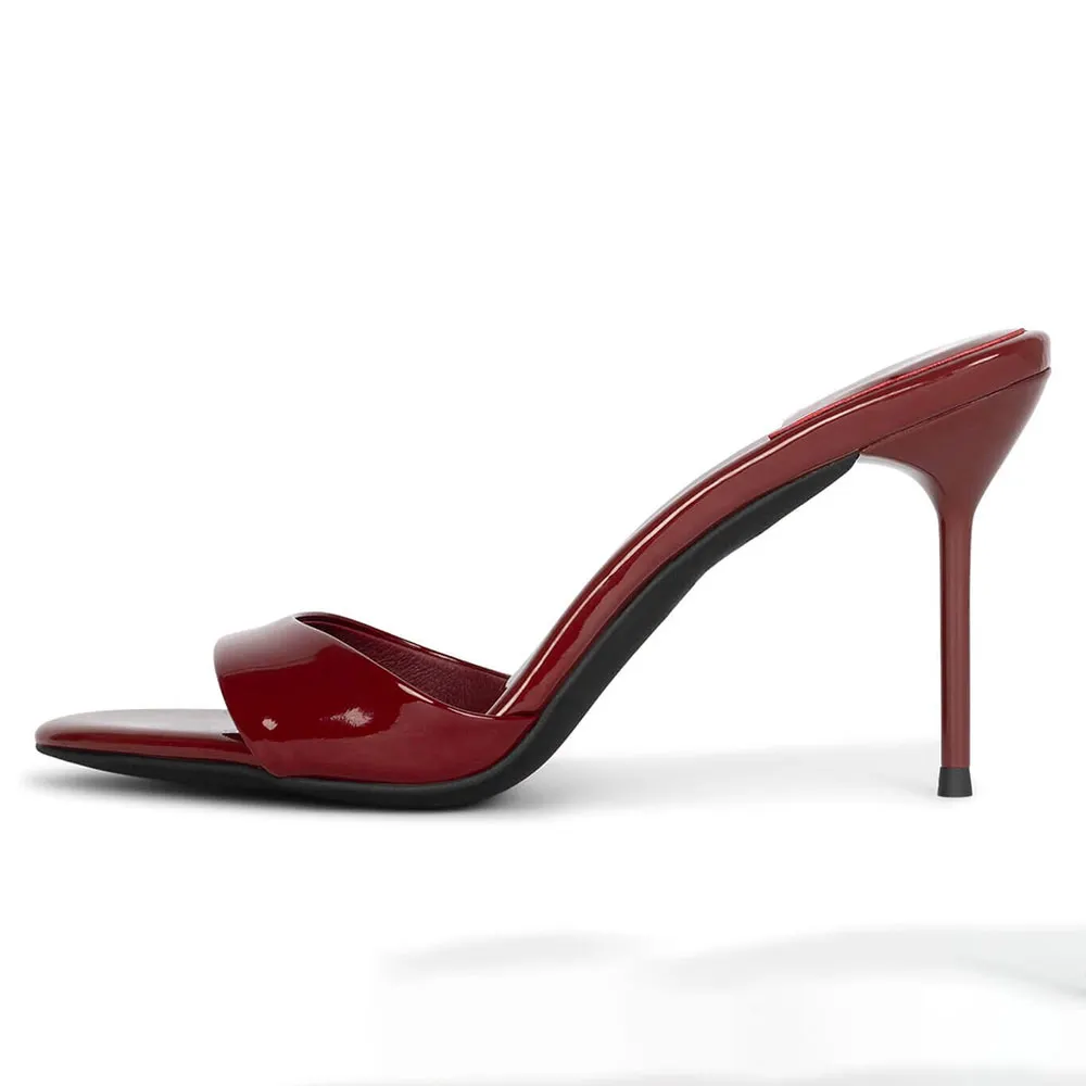 Red Patent Leather Open Toe Stiletto Heel Slide Shoes for Women