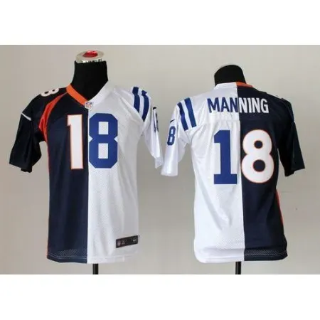 Colts #18 Peyton Manning Blue/White Youth Stitched NFL Elite Split Broncos Jersey