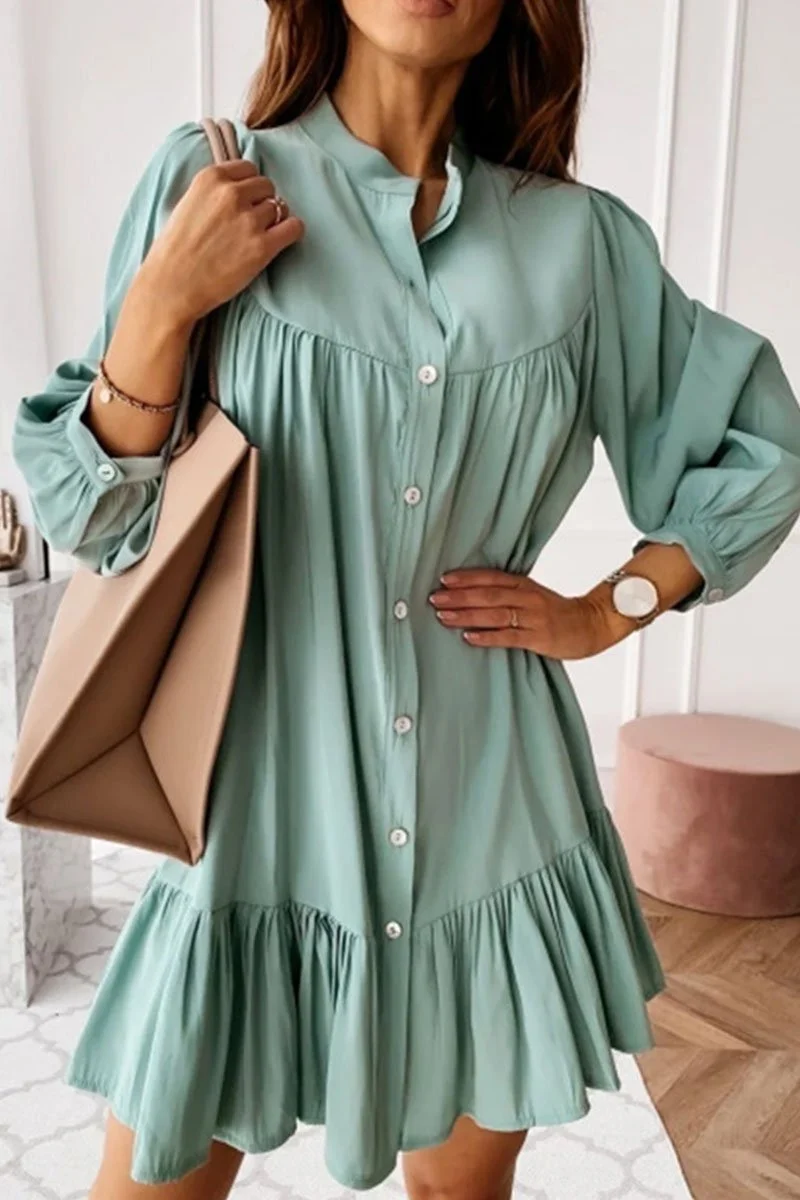 Fashion Casual Solid Split Joint Mandarin Collar A Line Dresses