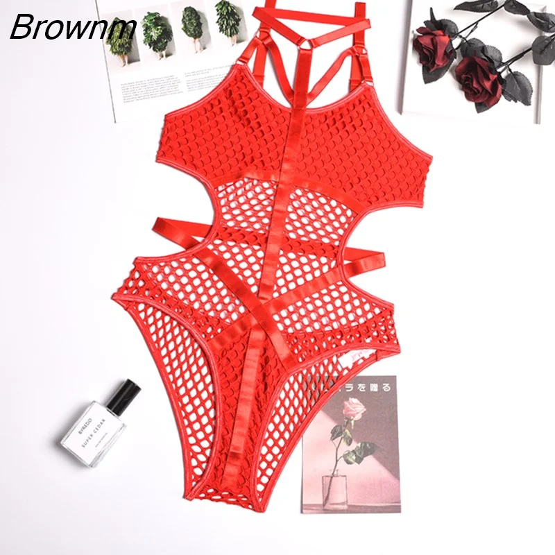Brownm Gothic Sexy Fishnet Jumpsuit Women Harajuku Streetwear Mall Goth See Through Bodysuit Nightclub Hollow Out Emo Rompers