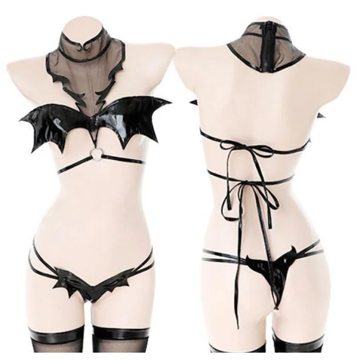 Little Devil Hollow Out Lace-Up Lingerie Set - Modakawa Modakawa