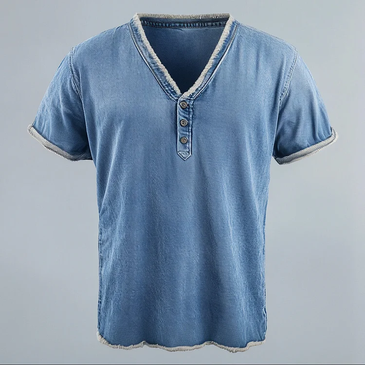 Men's V Neck Half Button Raw Edge Short Sleeve Denim T-Shirt