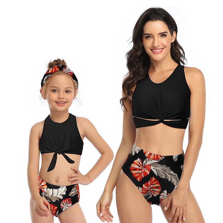 New Black Red Leaves Family Swimsuit