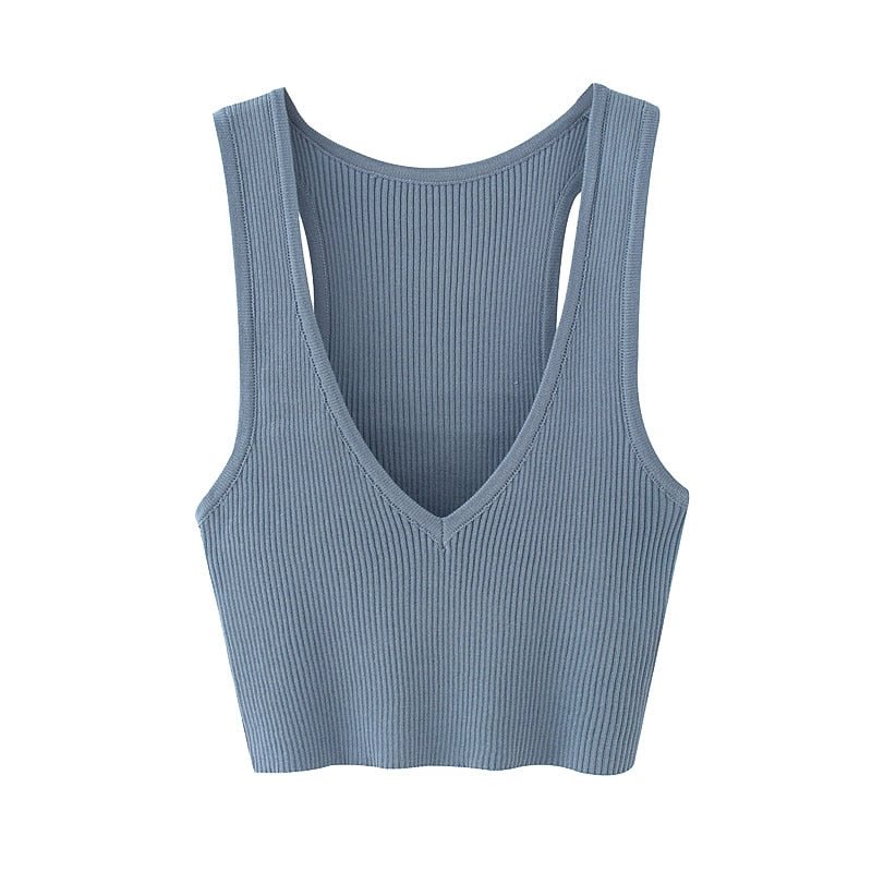 TRAF Women Sexy Fashion Deep V Neck Cropped Knitted Vest Sweater Vintage Stretchy Slim Female Waistcoat Chic Tops