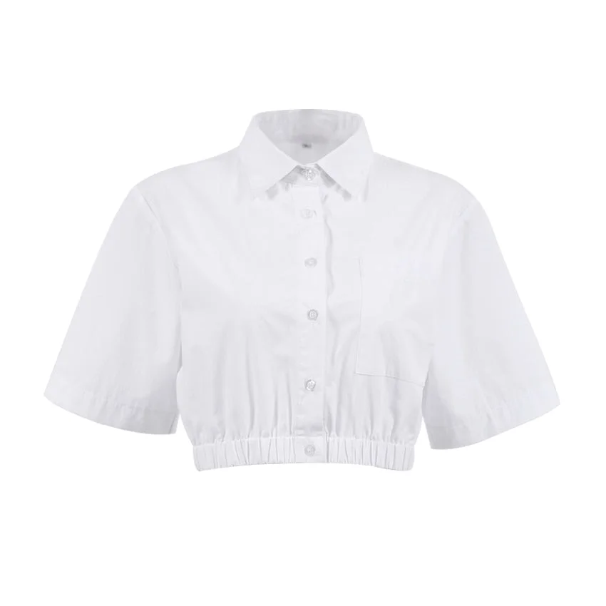 OOTN Casual White Shirt Tunic Female Short Sleeve Crop Top Summer Office Lady Pocket Cotton Women Tops And Blouses Elastic Waist