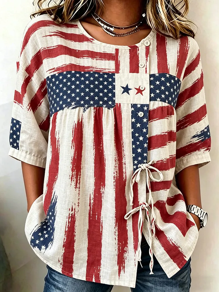 Women's Retro American Flag Print Short-Sleeve Casual Shirt 
