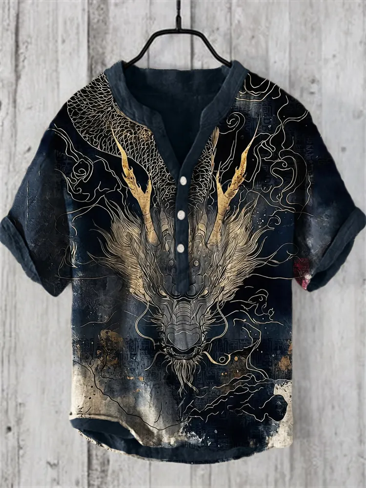 Ancient Dragon Japanese Watercolor Linen Shirt elevenforest