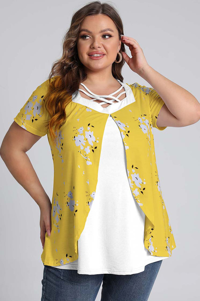 Plus Size Cross Strap Short Sleeve Floral Print Blouses 2024 - Flycurvy 