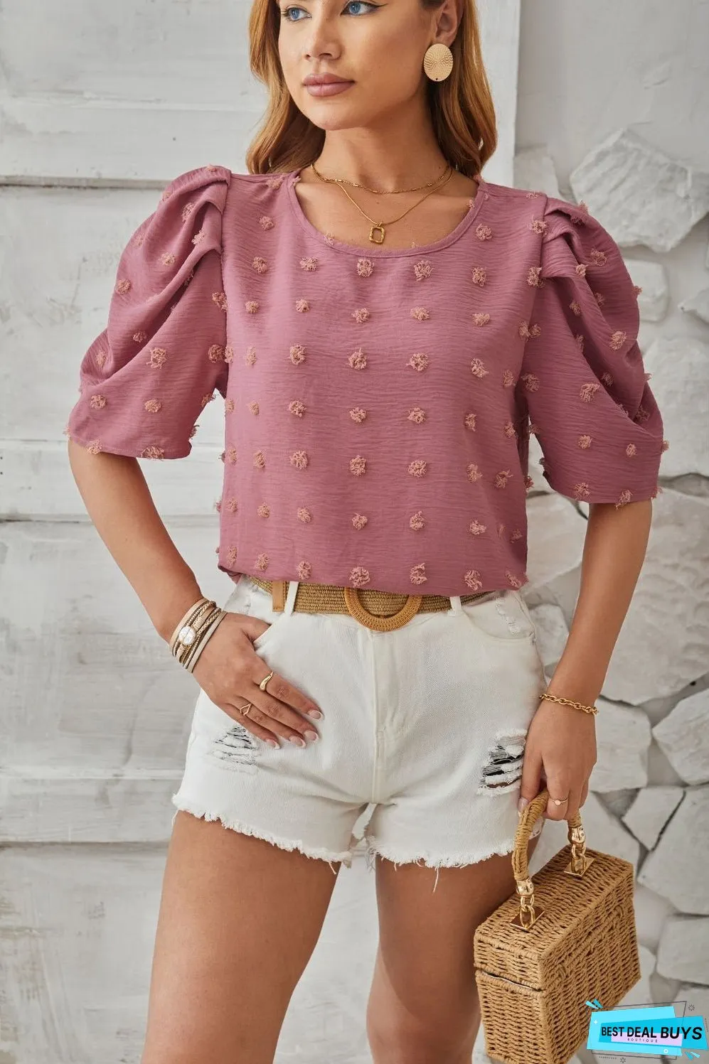 Swiss Dot Round Neck Short Sleeve Blouse