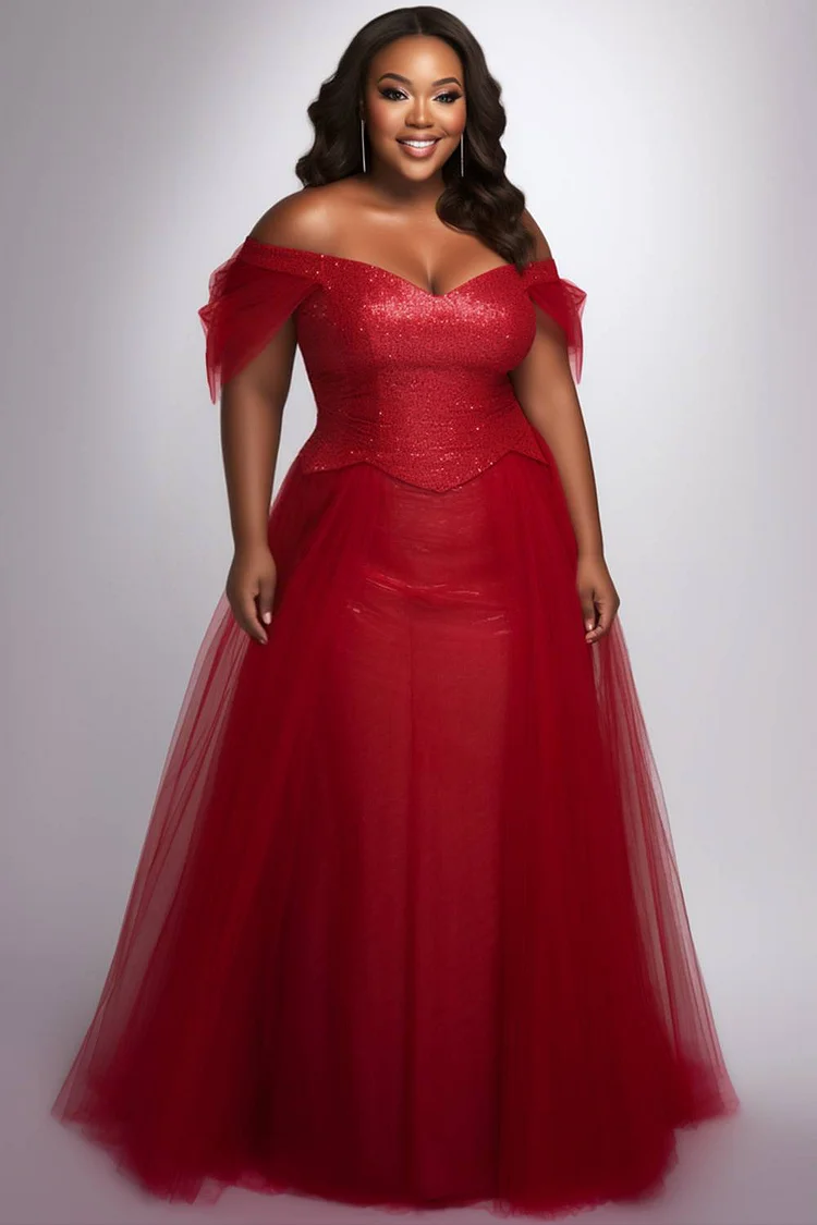 Xpluswear Design Plus Size Formal Red Off The Shoulder Cap Sleeve Contrast Elegant Tulle Maxi Dresses [Pre-Order] 2024 - Xpluswear