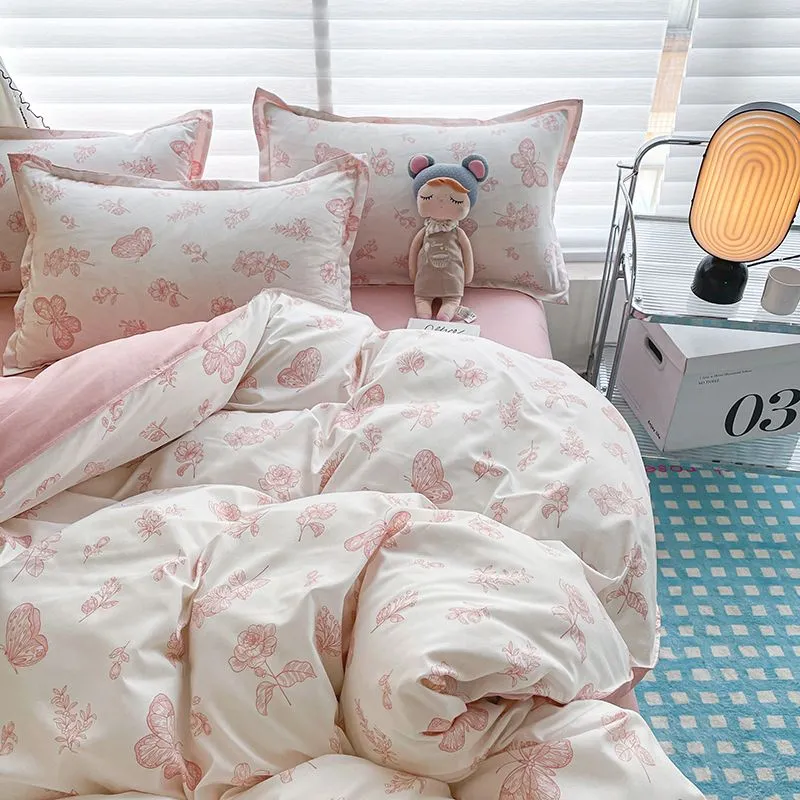 Aonga Ins Bedding Set Cream Green Floral Twin Queen Size Duvet Cover Flat Sheet Pillowcase No Filler Girl Boy Gift Home Bed Linens aonga