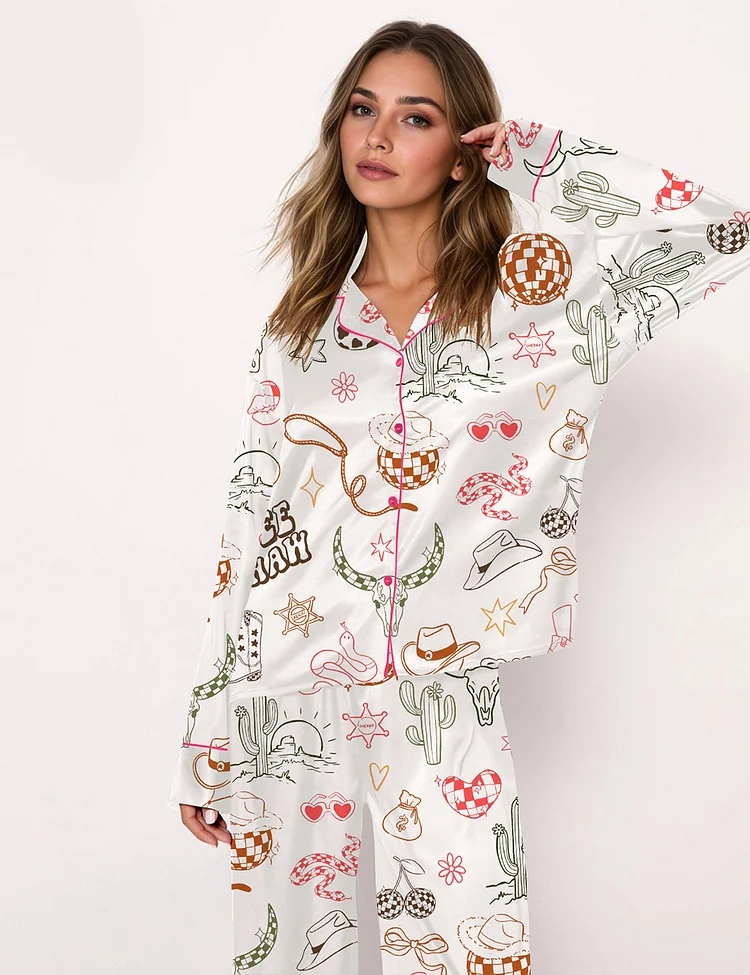 Women’s Western Cowgirl Bachelorette Hand-Drawn Wild West Disco Print Long Sleeve Pajama Set