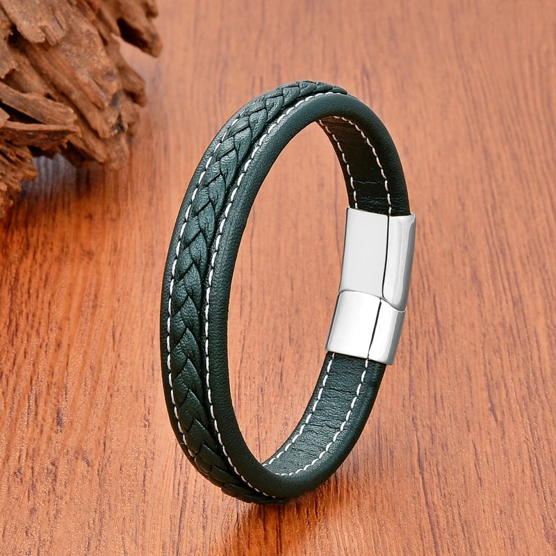Minimalist Classic Style Commute Solid Color 316L Stainless Steel Leather Rope Unisex Bracelets