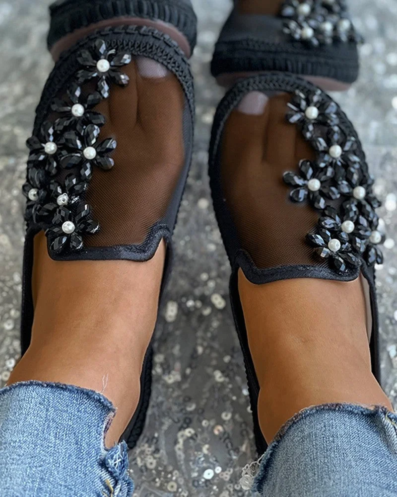 Studded Floral Pattern Sheer Mesh Casual Shoes