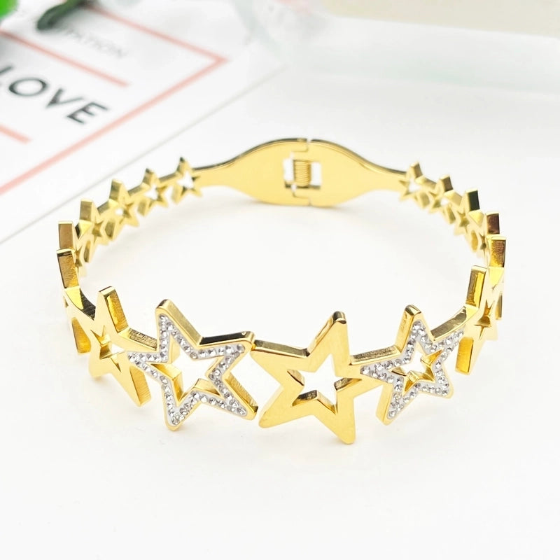 Casual Pentagram 304 Stainless Steel 18K Gold Plated Artificial Rhinestones Bangle In Bulk