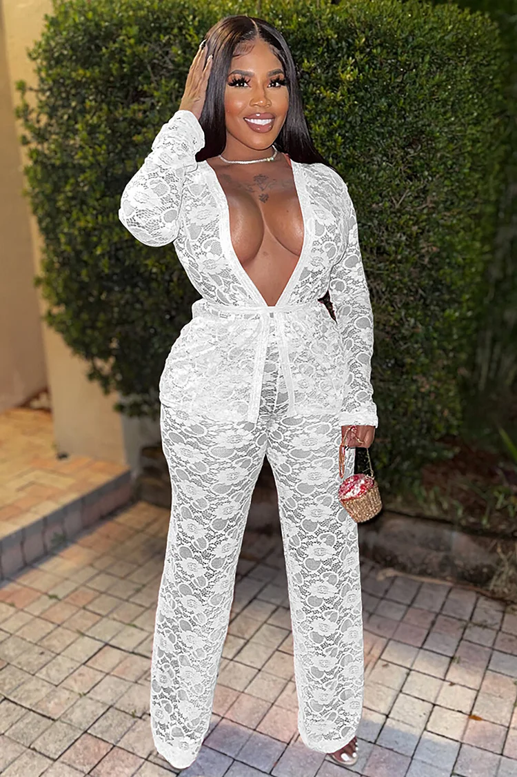 Floral Lace Deep V Neck Long Sleeve Top Straight Leg Pants 2pcs Set-White