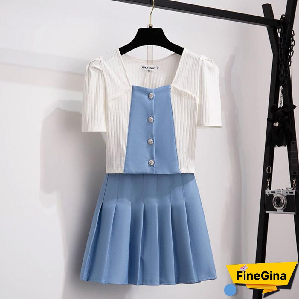 Square Collar Tee+Pleated Skirt P15458