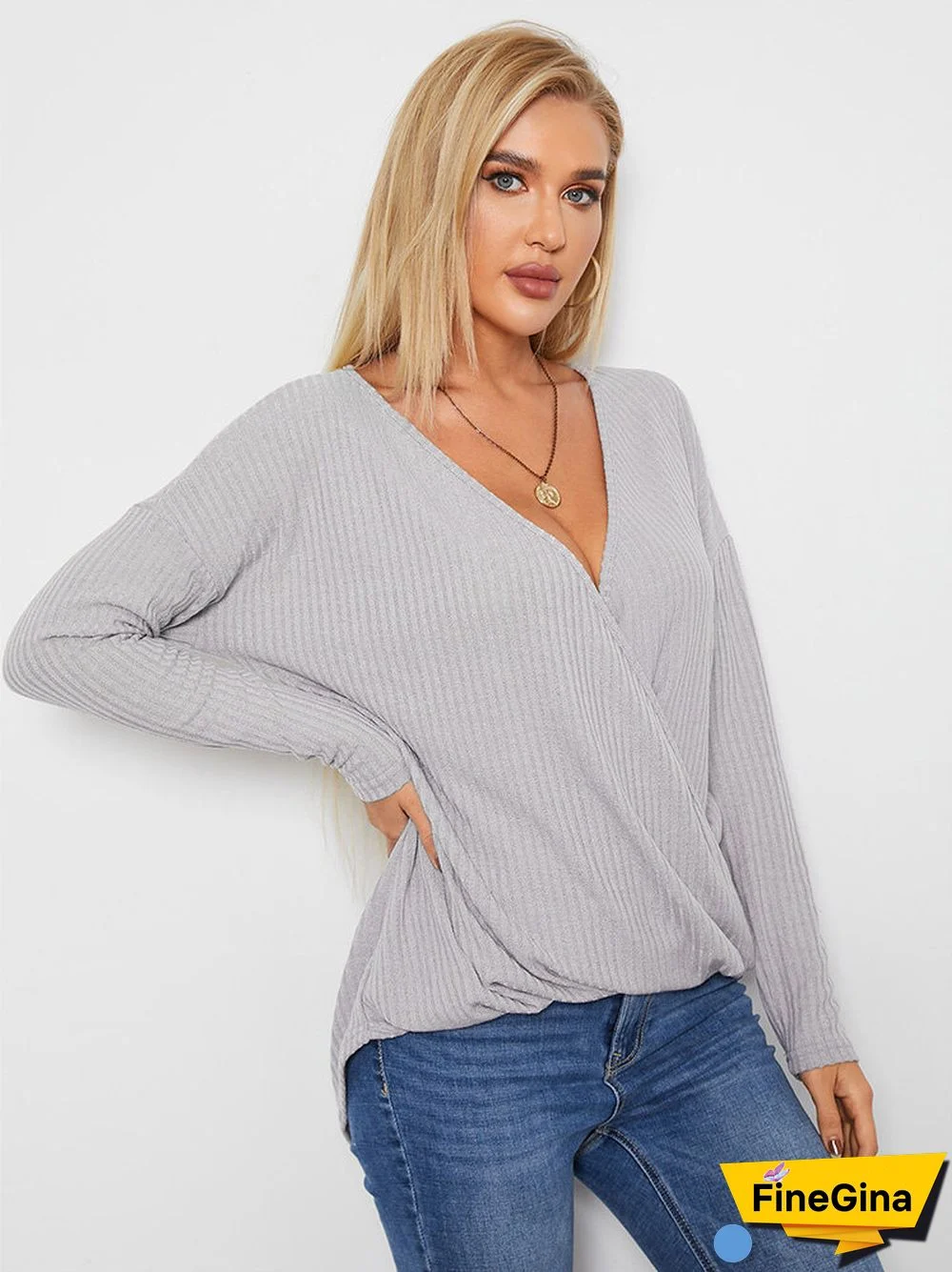 Solid Ribbed Cross Wrap V-neck Long Sleeve Loose Casual T-shirt
