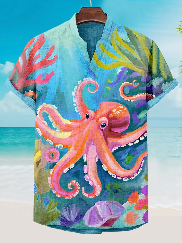 Men's Octopus Coral Oil Painting Hawaii Print V Neck T-Shirt