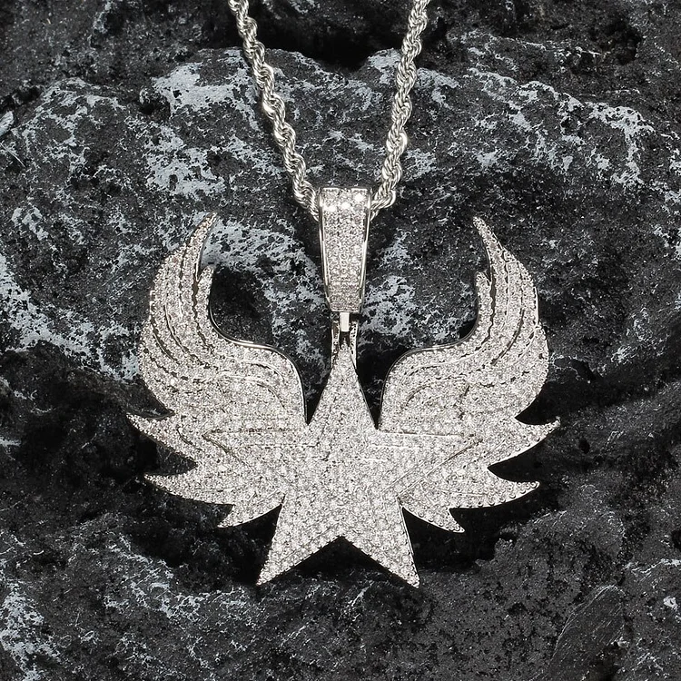 Bling Stars Wings Pendant Hip Hop Necklace With Chain Cubic Zirconia Jewelry-VESSFUL