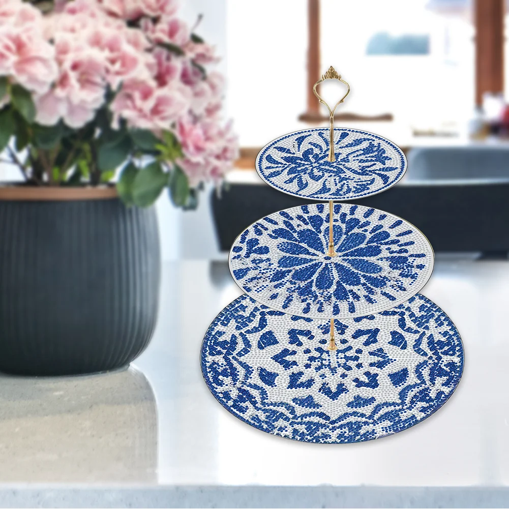 3 Tier 5D DIY Blue White Acrylic Diamond Painting Cupcake Stand for Kitchen Table Decor 