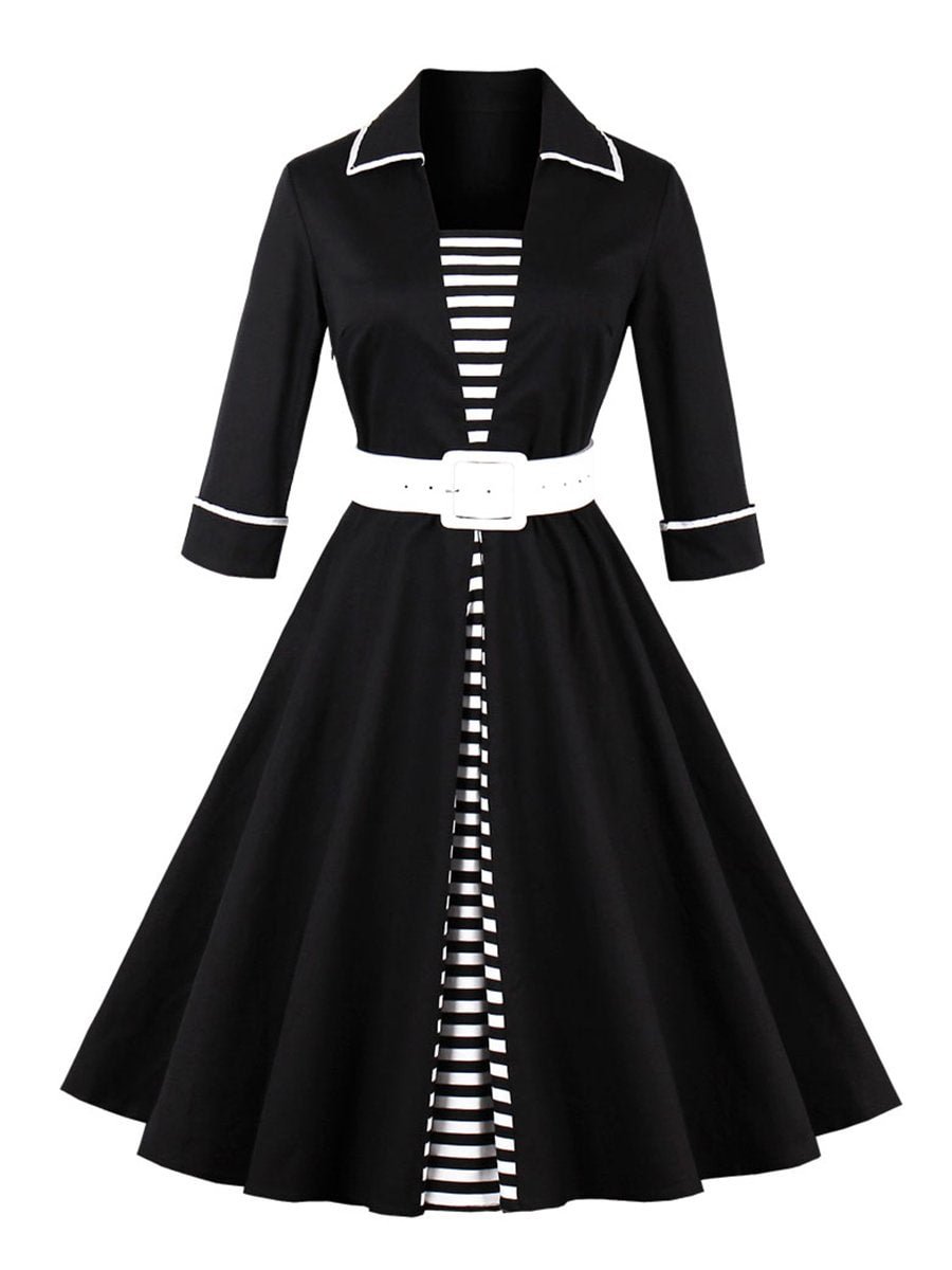 1940s Dress Stripe Splicing Dress With Belt