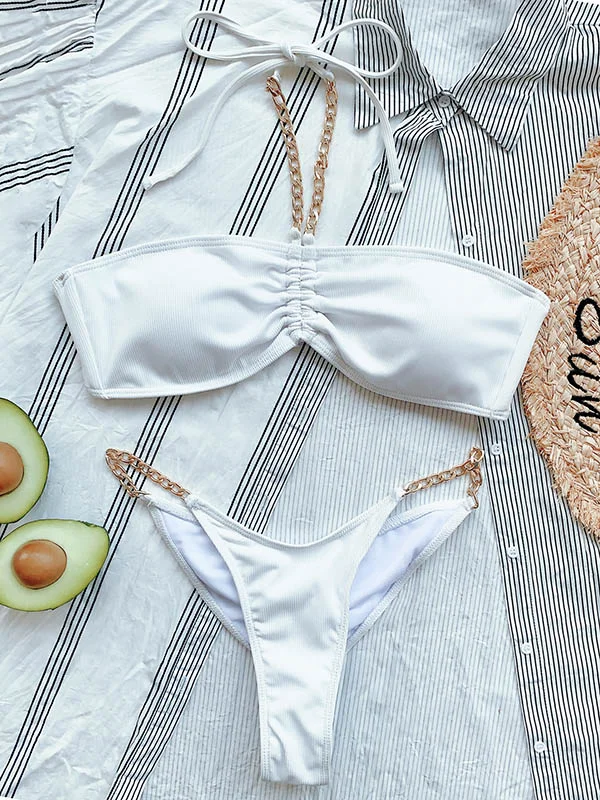 Simple Split-Joint Chains Halterneck Bralette Brazilian Bikini Swimwear