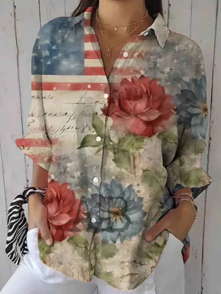 Women's Casual Cotton And Linen Floral Independence Day Shirt