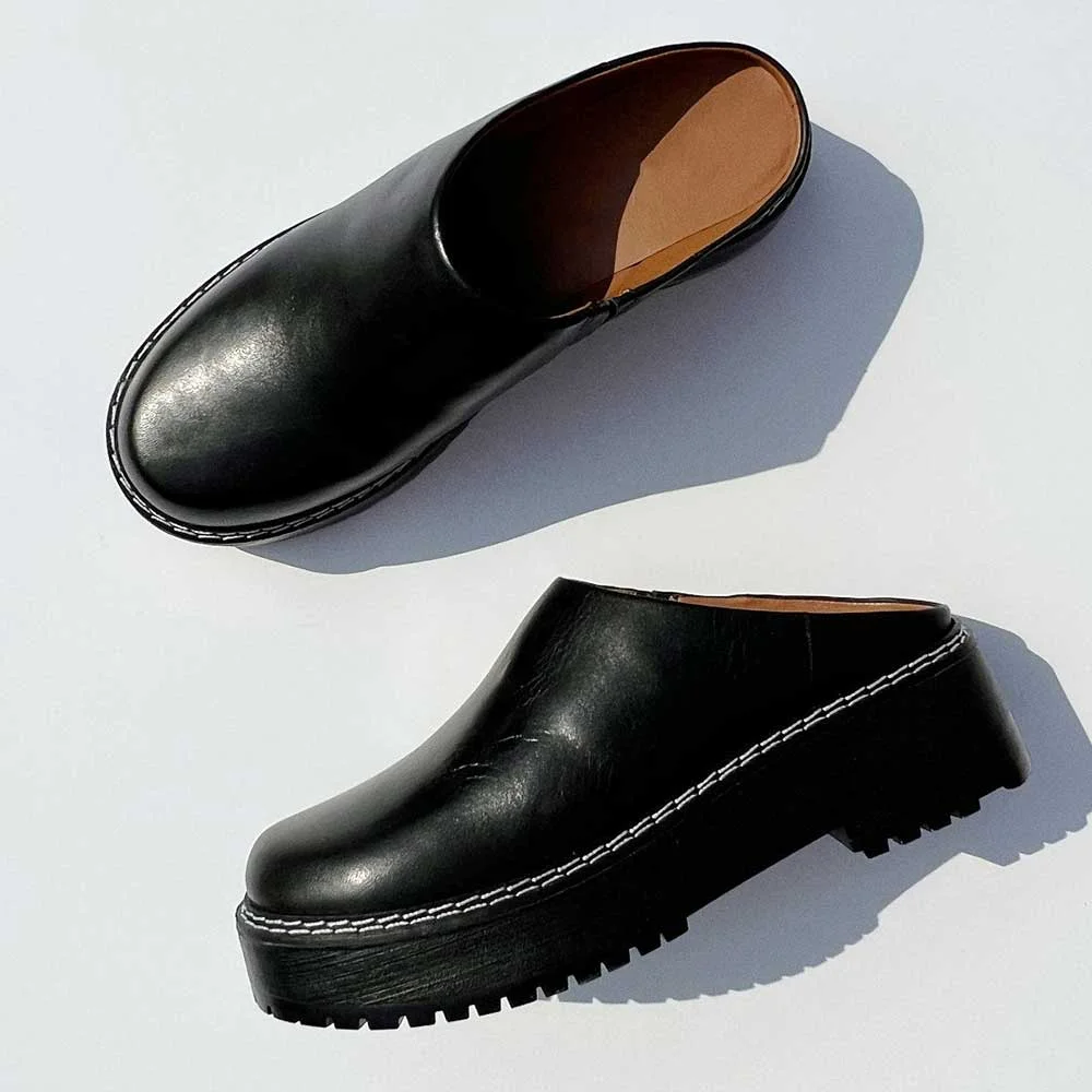Black Round Toe Platform Mules Shoes with Chunky Heel Nicepairs