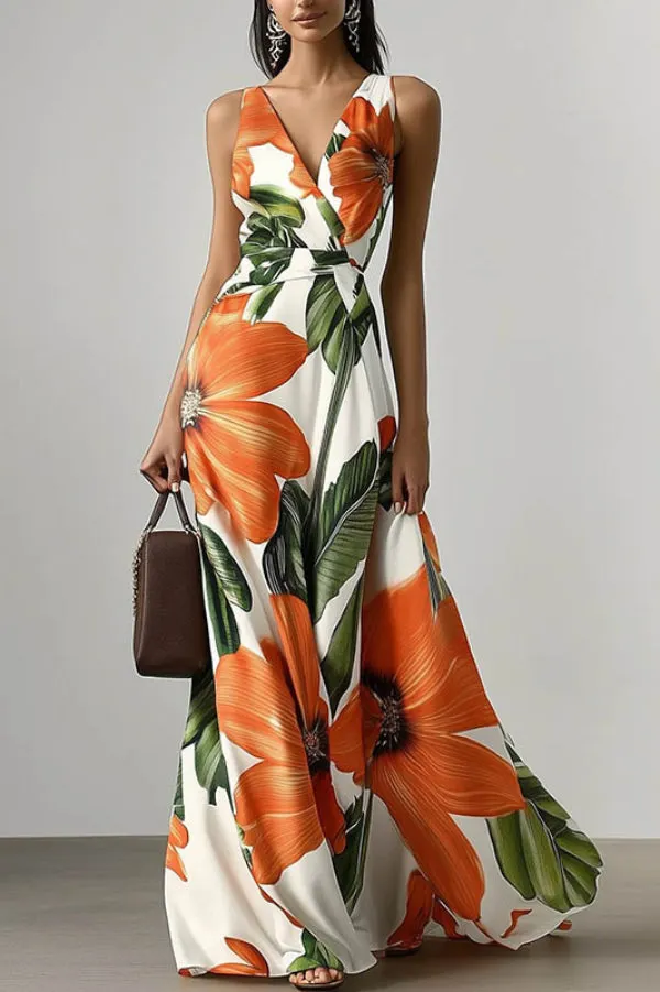 Floral Print V-neck Sleeveless Fitted Waist Vacation Maxi Dress