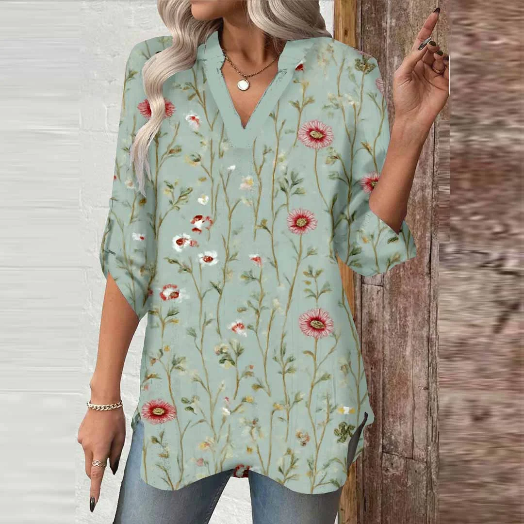 Women Floral, Green DZGA0038 3/4 Sleeve V-neck Printed Graphic Button Tops