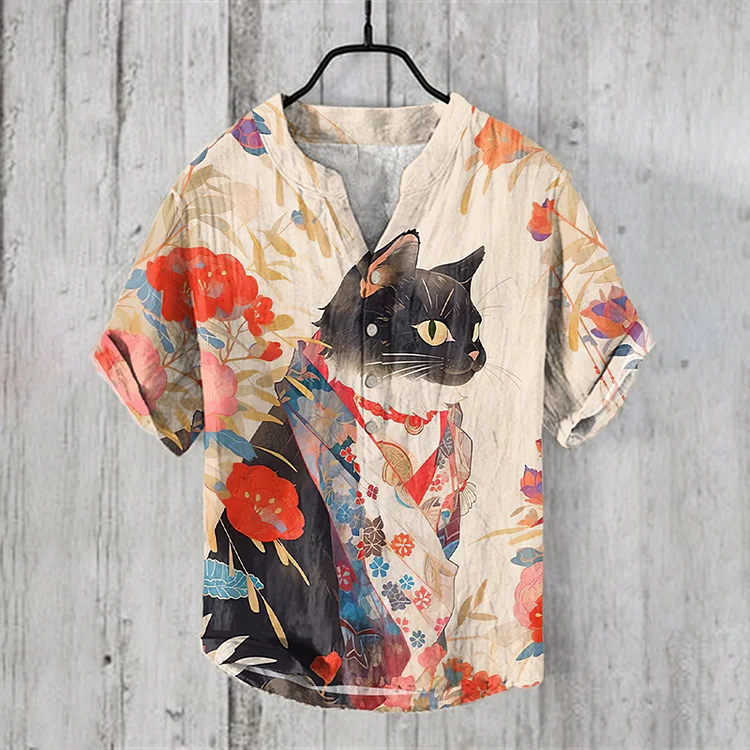 Kimono Cat Among Flowers Print V Neck Shirt