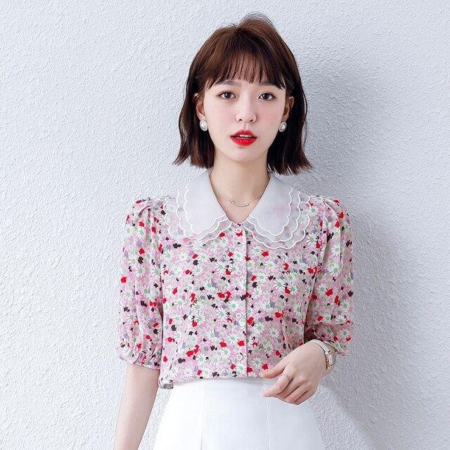 Summer Korean Fashion Silk Woman Shirts Floral Satin Office Lady Short Sleeve Buttoned Shirt Plus Size Ladies Tops Lace Blouse - Shop Trendy Women's Fashion | TeeYours