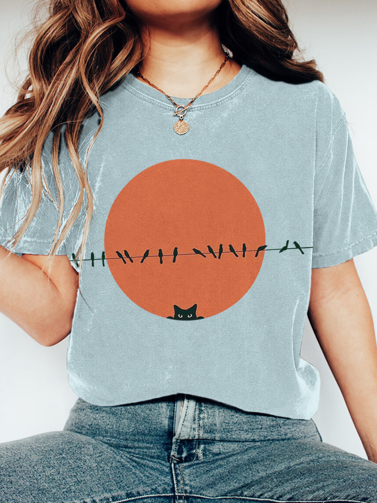 Comstylish Cat & Bird Print Washed Cotton T-Shirt