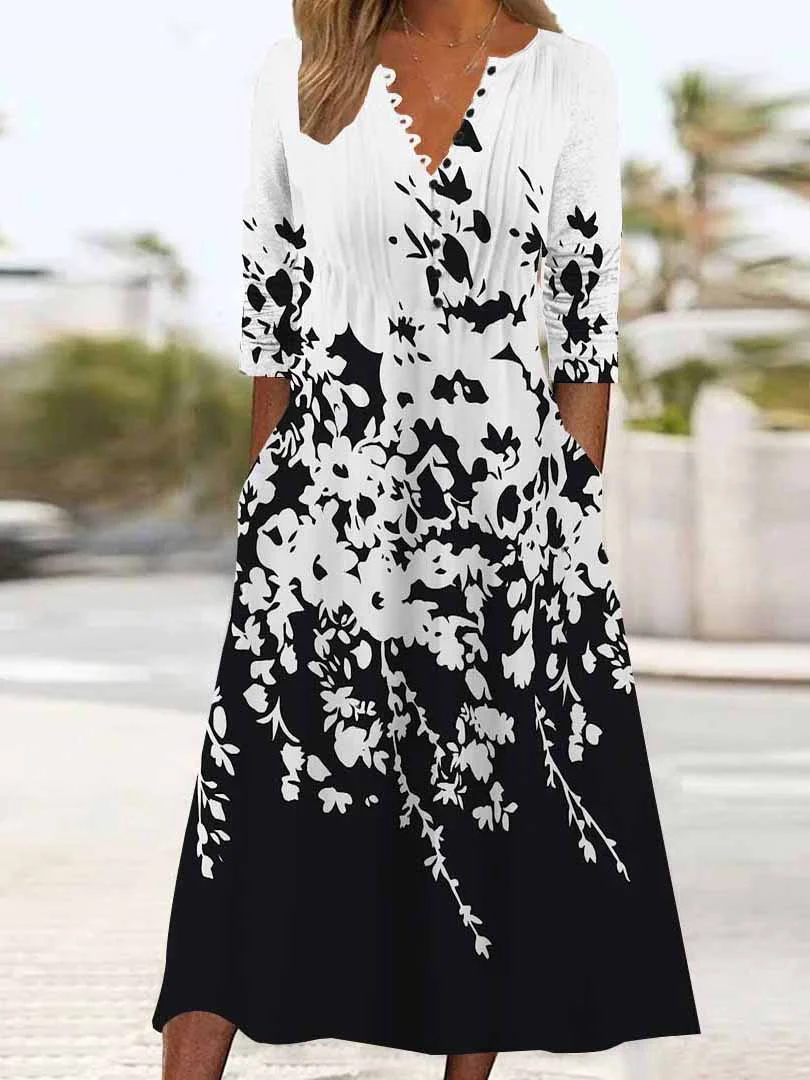 Women Floral,Black DZHB8365 Long Sleeve V-Neck Graphic Printed Midi Dress