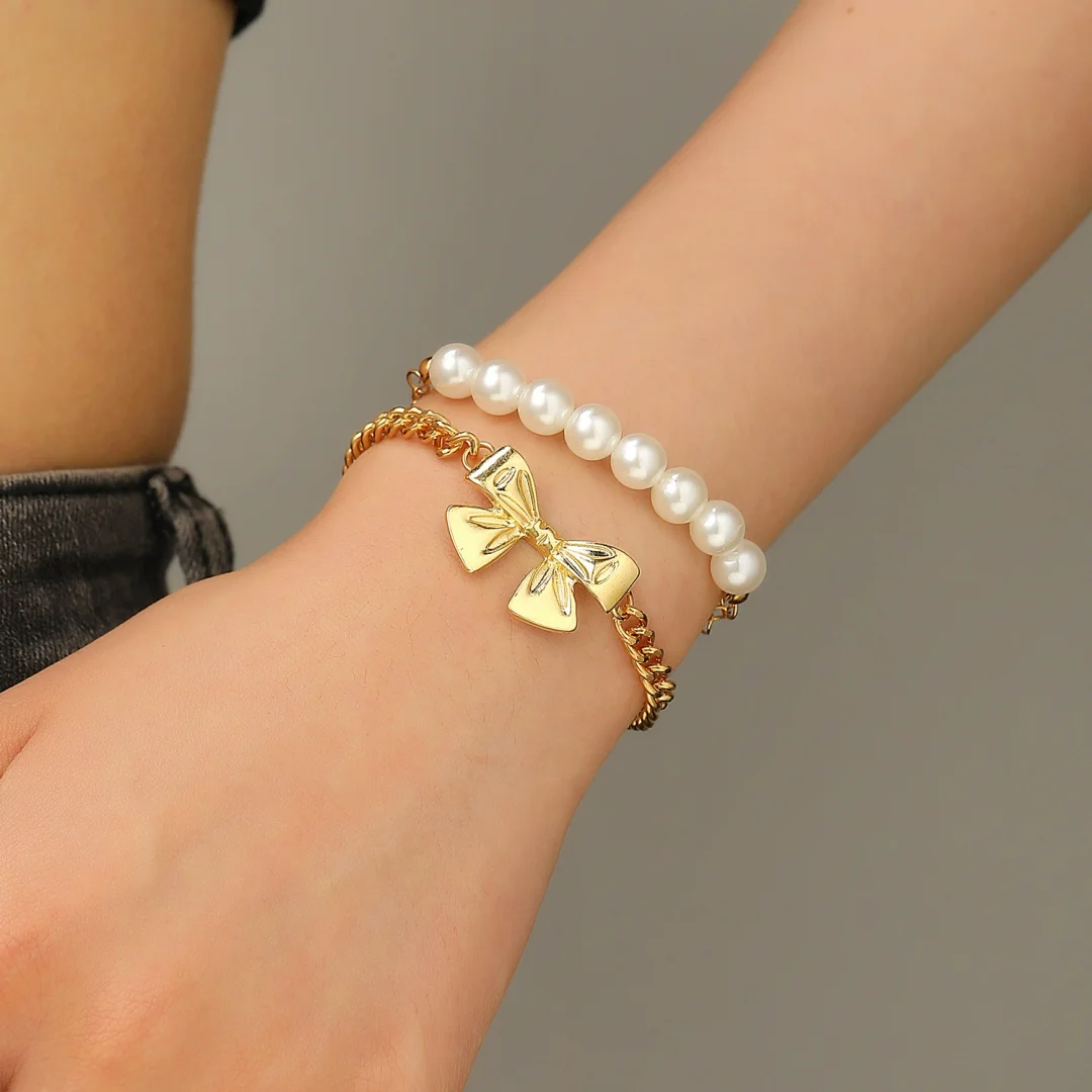 Ribbon pearl two-strand gold-plated bracelet