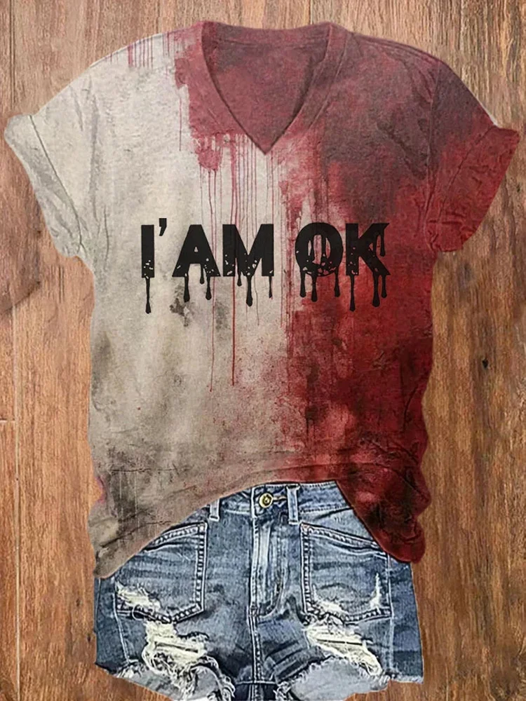 Comstylish Women's Im OK Halloween Blood Splatter Printed T-shirt