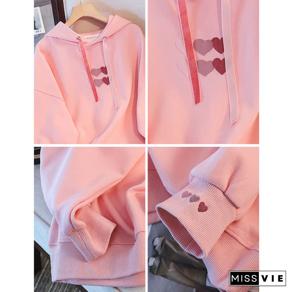 Love Heart Print Draw String Loose Hoodie