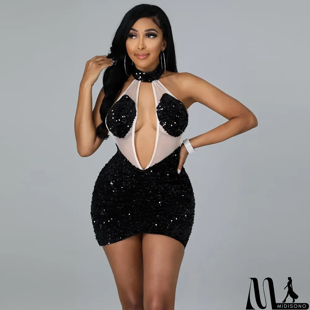 MidiSono - Hot Sale Hollow Fashion Sequin Sequin Halter Back Nightclub Dress