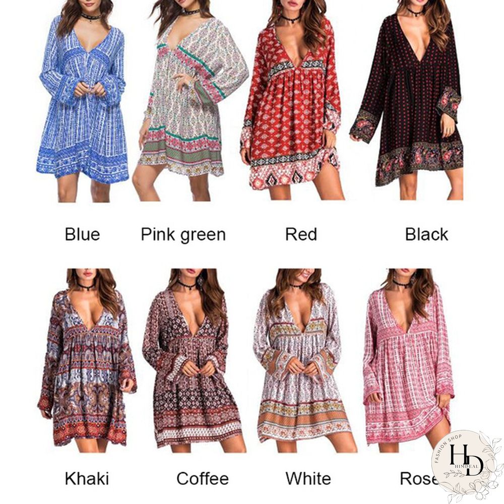 Women Boho Mini Dress Floral Printed Long Sleeve Deep V-Neck Loose Party Beach Short Dress