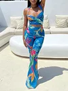 Sexy Floral Printed Condole Belt Vest Top+ Wide Leg Pants Suits