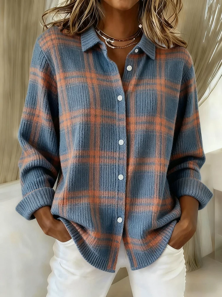Women's Plaid Print Casual Cotton Buttoned Cardigan Sweater