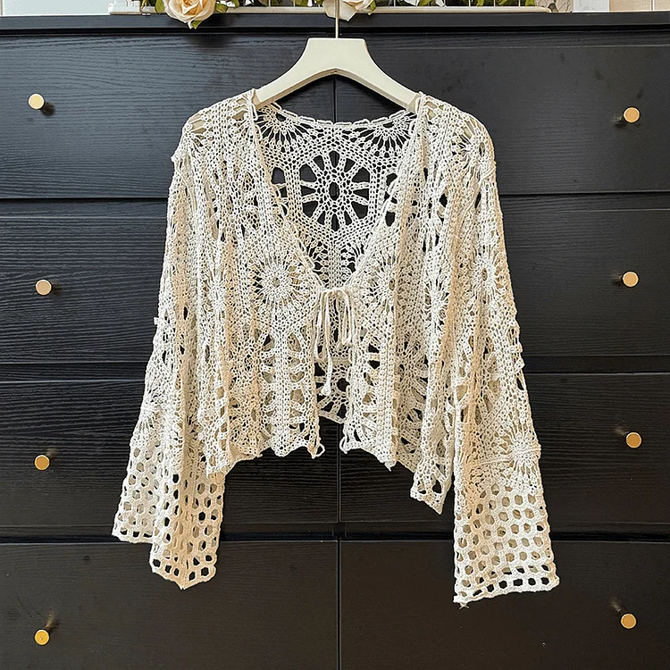 VChics Boho Mandala Hollow Crochet Tied Cardigan